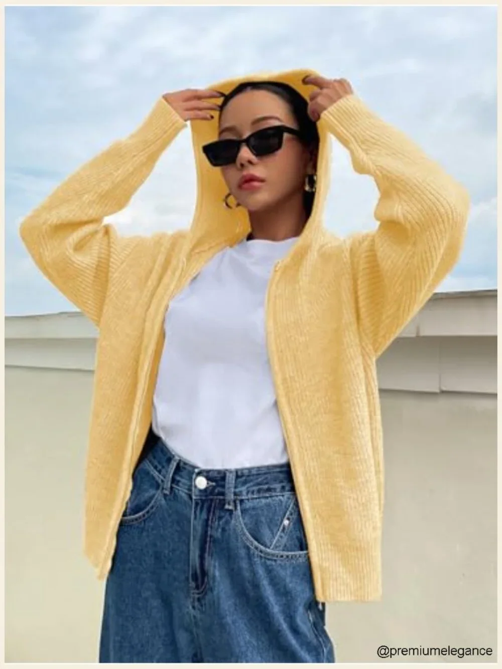 Zip Up Hooded Cardigan Sweater Knit Drop Shoulder Long Sleeve Fall Winter